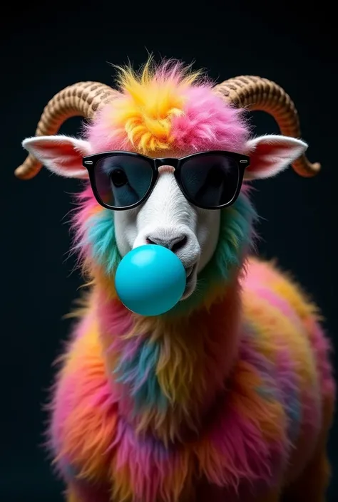 Create a picture of a sheep with colorful fluffy fur, to chew gum, that does not have horns, wear dark mirrored glasses on a black background and smile. ALL AROUND HAVE THE NAMES OF GOD