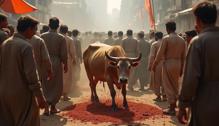 Image: A scene of a cow being slaughtered in the middle of a crowd of people, some of whom are hesitant and others are following the matter. 