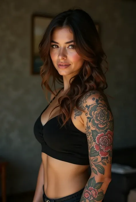 fit woman with a tattoo on her arm and a black top, It looks like a Christmas fairy tale, fernanda suarez, Julia Fontes, marischa becker, using shipibo tattoos, Andreia Rocha, malika favre, lola dupre, tattooed, Ayahausca, short and stout woman, lorena ava...