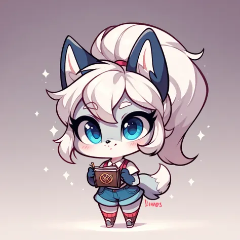 little fox, female, white hair, silver fur, blue eyes, cute kid, alone, white hair, cute, kid, chibi, big body, by diives