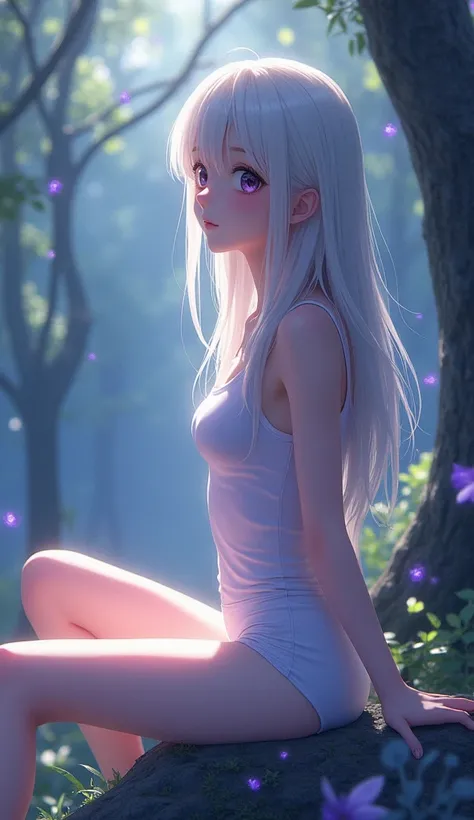 (((A medium view)) of an anime teen girl, (sitting down in a (forest), (((strong sunlight))), cinematic light, slim body, skin is perfectly white, soft, and smooth, ((legs stretched straight)), Extremely delicate and beautiful CG illustration, best quality...