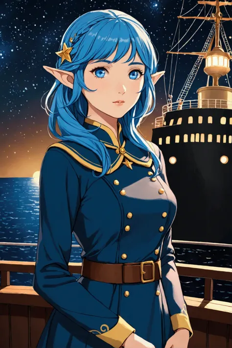 A portrait of an elf woman from the waist up. Blue hair, blue eyes. She is standing on the deck of a ship. There are stars in the beautiful night sky. She is wearing a modest uniform.