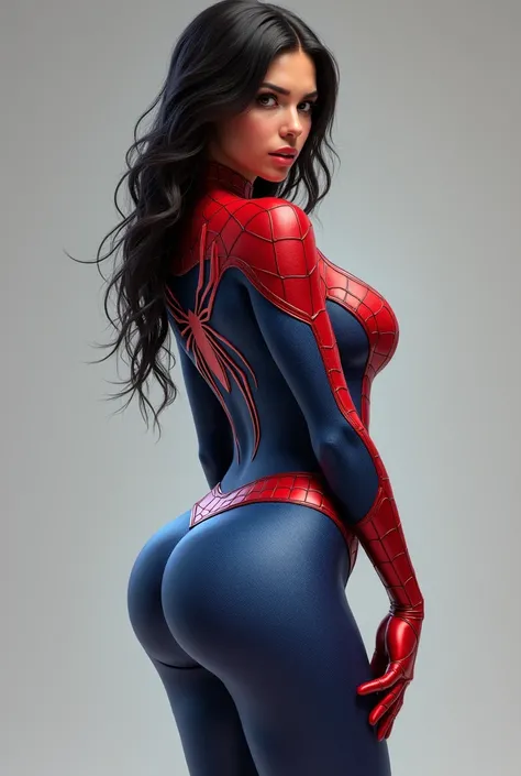 Girl in spiderman costume without mask nice body black hair thick thighs full body posing like a prostitute posing her legs and ass digital art