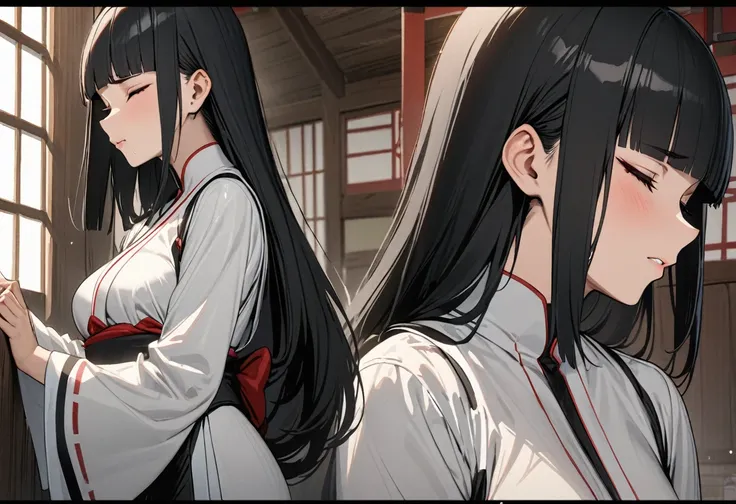 ((profile, standing Kyudo style)), (left hand holding) ((a old japanese long bow)), (Push forward left hand with it), (solo:2, 15 yo) (detailed beautifu blunt bangs:1.3) (beautiful sexy black hair very long hair) (beautiful shrine maiden girl) (detailed se...