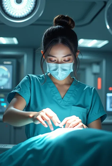 Little chubby 23 year old girl saving her patient in operation theater in scifi theme