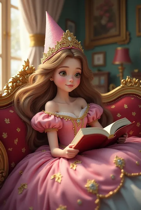 A princess with long light brown hair in a pink dress and a princess cone. She is in her bedroom in the palace tower reading a fairytale book.