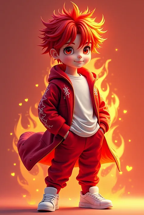 Boy with fire hair, blouse with red coat with fire on the blouse, white blouse, red clothes, white sneakers, gamer, straight hair, boy child 

