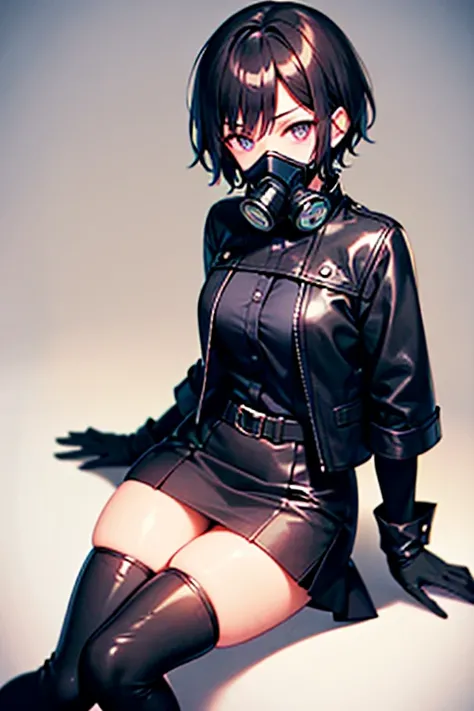 Girl, short black hair, (black gas mask), violet eyes, black jacket, short black skirt, black boots, black stockings, black gloves.