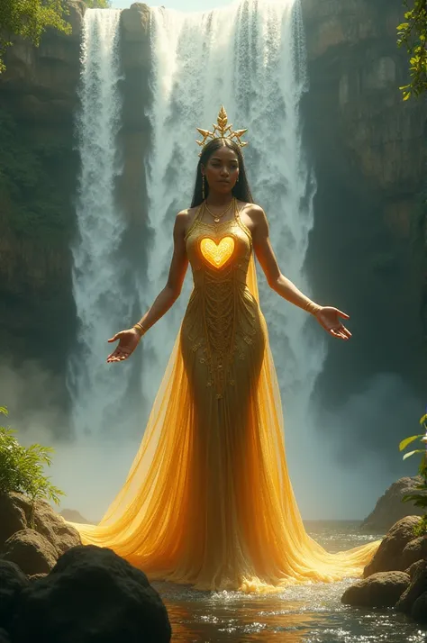 Orixá woman, gold dress, in a waterfall with a heart in hand 