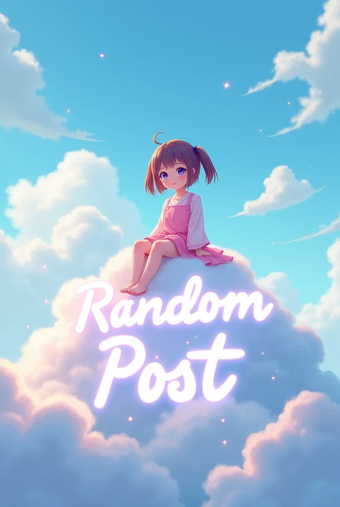 Make an Image in an environment in the clouds with light blue sparkles with the text Random Post with white and luminous letters with a large anime girl sitting on the letters all in 2D