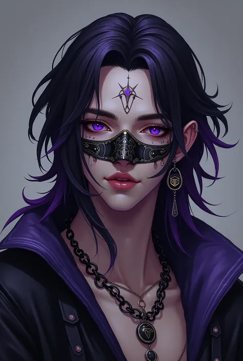 I would like to create a male character who is within the world of paranormal order.,where he is an energy occultist who was once part of the host cult,has a different, more stylish and stylized mask like the host&#39;s,He has black hair with purple highli...