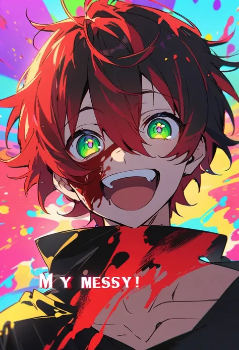 High resolution、1 male anime with red hair and green eyes looking at the camera.、bright Eyes、wear black clothes、colorful background、my hair is messy、Shadow body、blood splash、Laugh
