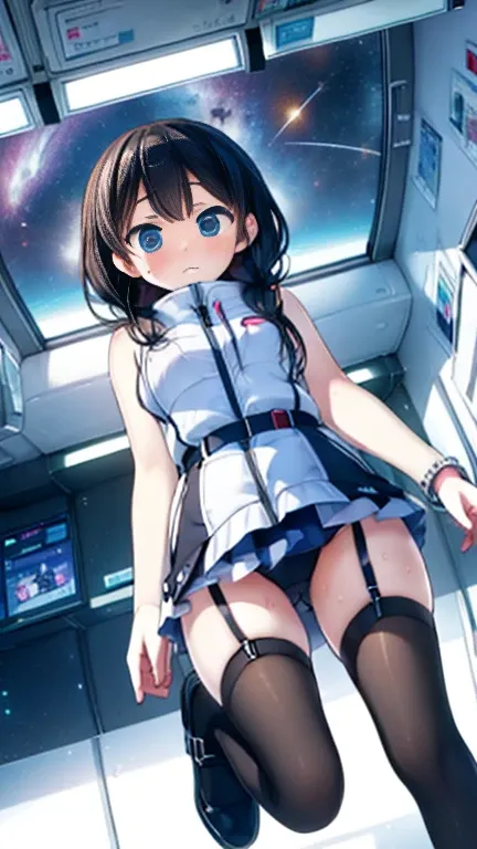 (Highest quality), (masterpiece), 1080P, High resolution, 4K, 8k, Inside the space station、Futuristic room、Thigh straps, Shooting from directly below, The woman on top of me, 白いSweat, Covered , Sweat, Woman looking down, Skirt swimsuit, Thigh-high socks, T...