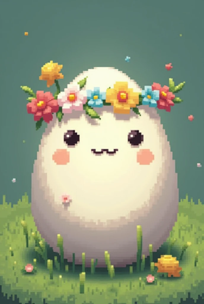 a pixelated Minecraft egg, white, with a flower crown, just like those on the Minecraft Qsmp server.