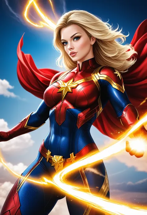 a female superhero,captain marvel,energy emitting from her outsrtechted  hands and body ,powerful and sexy pose,cinematic lighting,vivid colors,cinematic composition,beautiful detailed eyes,beautiful detailed lips,extremely detailed face and body,long eyel...