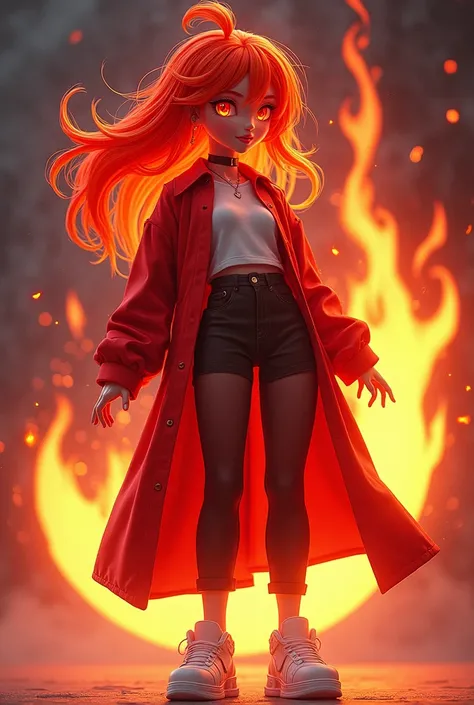 Fire hair blouse with red coat with fire red skin red clothes with white blouse white sneakers symbol of fire gamer boy animation red skin