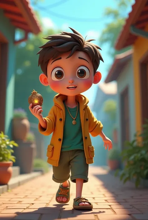 Scene of an innocent looking adult walking with an amulet in his hand, confused because he feels an aura behind him. animated cartoon