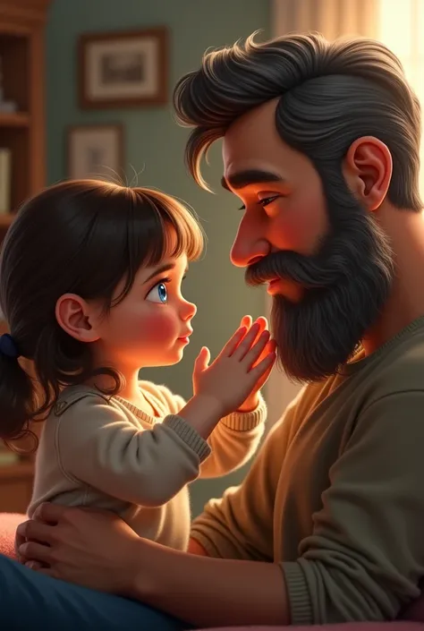 A 3-year-old girl touching her father&#39;s beard while he sits next to her 