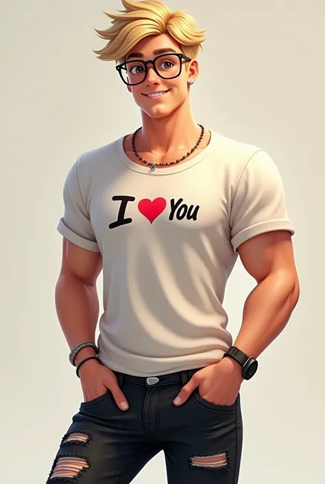 Personaje masculino con una camisa que diga i ❤️You y que sea rubio y con lentes y un pantalón negro rajado