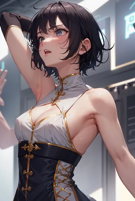 Very Short Hair、Black Hair、Mid-chest、One Woman、Raising left arm、Armpit、In town、Angle looking up from below、confidence、Highest quality、Expressionless and angry、cool、Upper Body、Armpitのアップ、From the side、Staring at the audience、Mouth closed、Armpit sweat、Armpit...