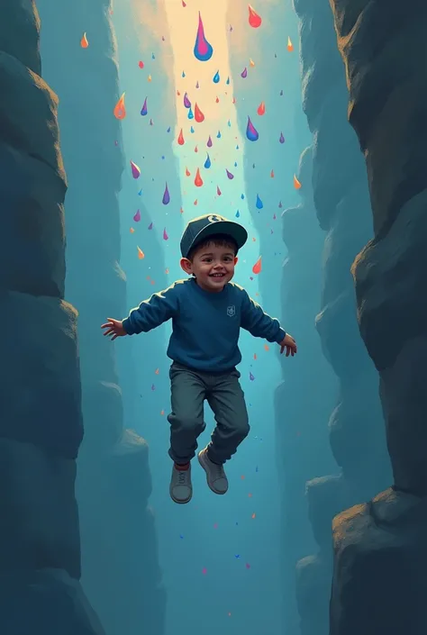 Boy in blue sweatshirt and black cap falling into a void while crying colored drops