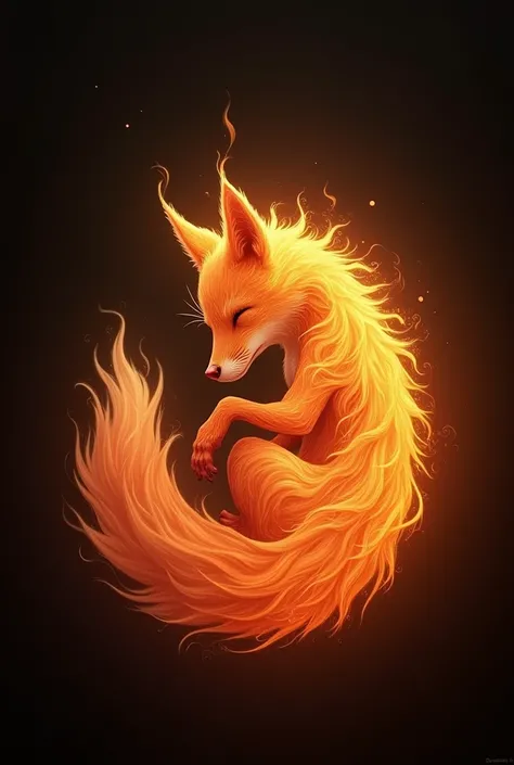 create an image of a fire fox on a black background, the fox is in a fetal position and has no teeth or legs, she looks like a fox shaped flame