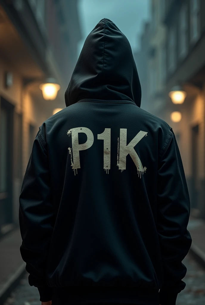 A man with a blavk hoody with P1K written on his back