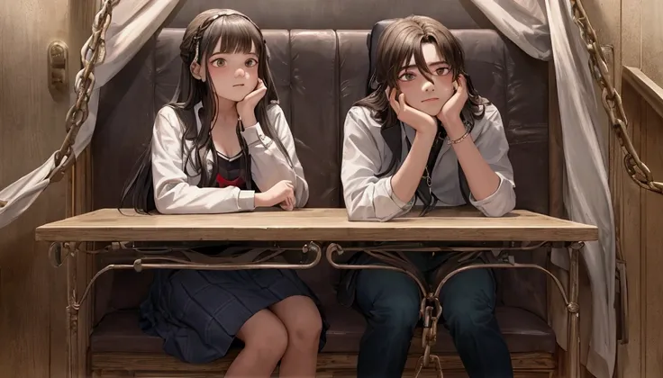 A pair of teenagers sat opposite each other, the boy holding the girls face while looking at her with obsession. the girl looks scared. there were chains that entangled the two of them.