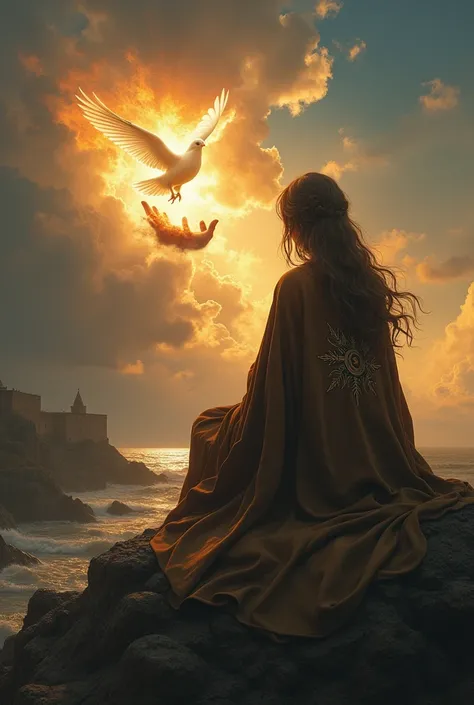 create an image for me, a girl with dark blonde hair, covered with a brown cloak with the symbol of the medal of our lady of graces on the back, sitting on top of a mountain, in the sky there is a hand that comes out of a cloud and a luminous dove of light...