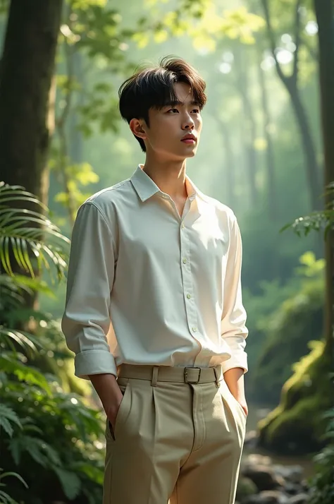 Korean male idol in the forest with white shirt and beige pants in the forest