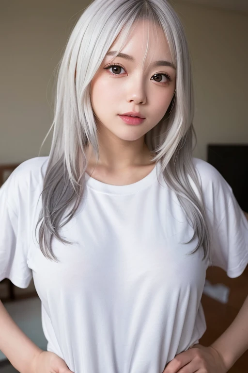 White Hair Girl, High resolution, Anatomically correct, High detail, Long Hair, Gray Hair, chest, surprise, White eyebrows hidden beneath the hair, Overlooking, Character portrait, Long length oversized white T-shirt,Jersey sweat pants,Otaku&#39;s Room,Ana...