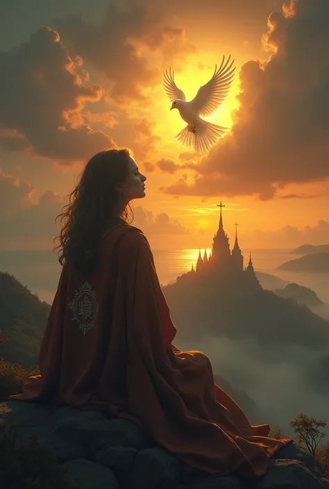 create an image for me, a girl with dark blonde hair, covered with a brown cloak with the symbol of the medal of our lady of graces on the back, sitting on top of a mountain, in the sky there is a hand that comes out of a cloud and a luminous dove of light...