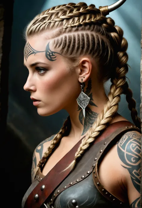 une femme guerrière viking féroce, coiffure tressée complexe, tatouages détaillés, peinture de guerre dramatique, posture de combat prête au combat, tenue sexy, hache de combat ensanglantée, très détaillé, Éclairage cinématographique, ombres dramatiques, a...