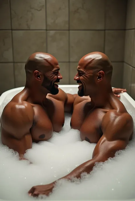 Terry Crews (black skin toned) and Dwayne Johnson, full body, completely naked and without clothes, both having a bubble bath together in the bathtub, still totally naked 