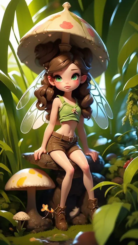 Tiny fairy with ((Insect wings)) that looks Verry Cute, sitting on Mushroom ,green under clothes, bare midriff, Holding Big Leave as Umbrella