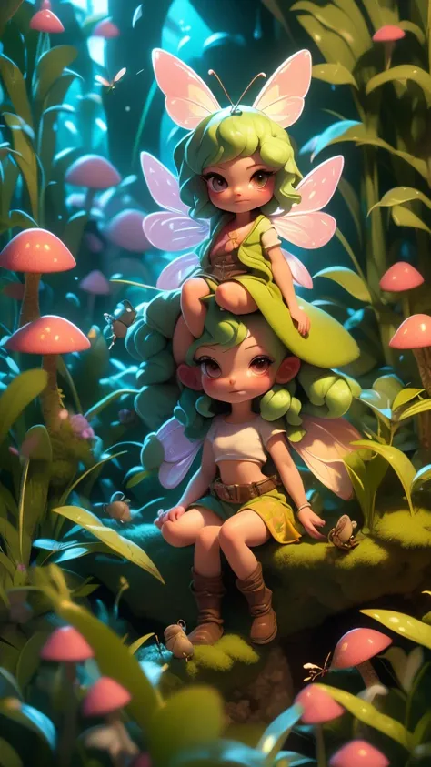 Tiny fairy with ((Insect wings)) that looks Verry Cute, sitting on Mushroom ,green under clothes, bare midriff, Holding Big Leave as Umbrella