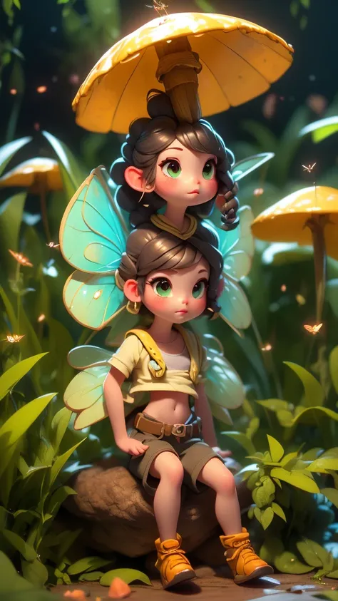 Tiny fairy with ((Insect wings)) that looks Verry Cute, sitting on Mushroom ,green under clothes, bare midriff, Holding Big Leave as Umbrella