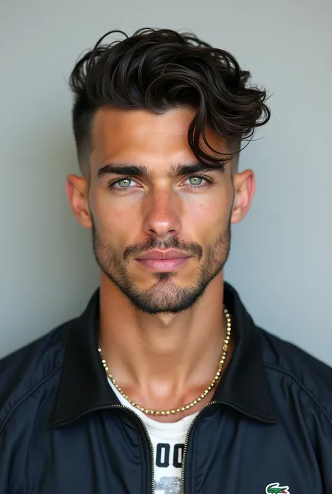 3x4 photo mugshot of a handsome italian
boy with an italian blue hazel eyes
look and taper fade wet hair wearing
a thin gold chain and a lacoste jacket
with a little smirk