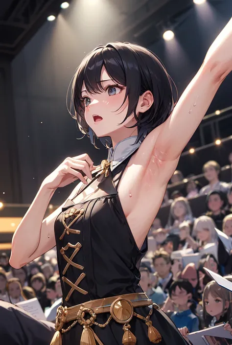 Highest quality、Super quality、Very Short Hair、Black Dress、Black Hair、Mid-chest、One Woman、Raising left arm、Armpit、Town、Angle looking up from below、confidence、Highest quality、Expressionless、cool、Upper Body、Armpitのアップ、From the side、Staring at the audience、Mou...