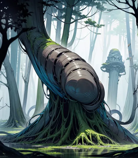 Imagine a dark, ancient forest where sunlight barely penetrates through the dense canopy of gnarled, twisted trees. The trees have knotted trunks, covered in moss, with branches that reach out like skeletal hands. The forest floor is a carpet of decaying l...