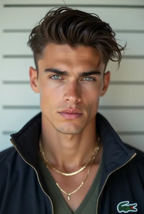 3x4 photo mugshot of a handsome italian
boy with an italian blue hazel eyes
look and taper fade wet hair wearing
a thin gold chain and a lacoste jacket
with a little smirk, a guy of 18 years