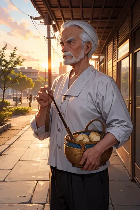 Under the sunset，By the trail，An old man is slowly weaving a bamboo basket，，Eyes with spirit。Surrounded by people busy going home，In stark contrast to her，Change anime style