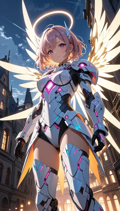 (Highest quality, masterpiece, colorful, Dynamic Angle, From below, highest detailed)Upper body photo, Full body photo, Cute Mechengel fashion photo, Four glowing wings, alone, Luminous armor, Glowing halo, building, Four glowing mechanical wings (複雑なdetai...