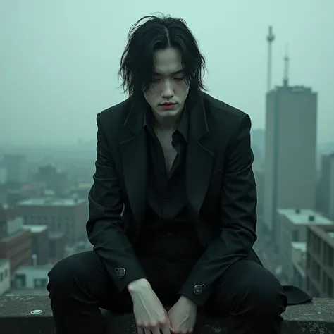 A sexy male with teal blue eyes and long black hair, with a nice and delicate facial features, dressed in gothic clothes, his skin is pale and white, hes smoking a cigarette while sitting the edge of the rooftop. He is looking unhappy. (Male) (Black and wh...