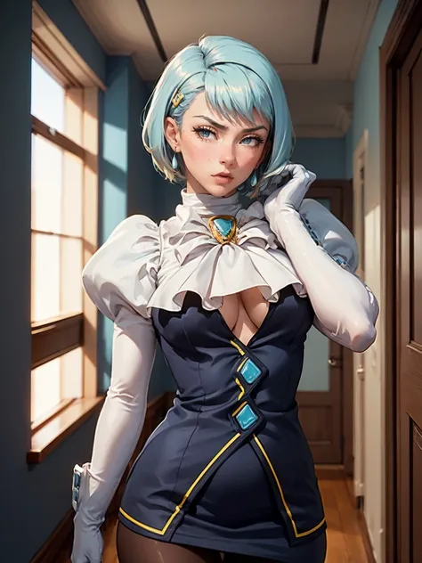 8k, ray tracing, vibrant colors, (aafranziska, light blue hair:1.5), ascot, puffy sleeves, pencil skirt, pantyhose, black gloves, jewelry, earrings, slim figure, masterpiece, sharp focus, Best Quality, depth of field, cinematic lighting, very detailed clot...