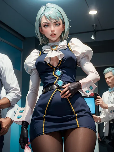 8k, ray tracing, vibrant colors, (aafranziska, light blue hair:1.5), ascot, puffy sleeves, pencil skirt, pantyhose, black gloves, jewelry, earrings, slim figure, masterpiece, sharp focus, Best Quality, depth of field, cinematic lighting, very detailed clot...