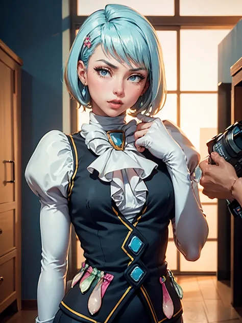 8k, ray tracing, vibrant colors, (aafranziska, light blue hair:1.5), ascot, puffy sleeves, pencil skirt, pantyhose, black gloves, jewelry, earrings, slim figure, masterpiece, sharp focus, Best Quality, depth of field, cinematic lighting, very detailed clot...