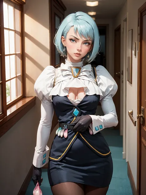 8k, ray tracing, vibrant colors, (aafranziska, light blue hair:1.5), ascot, puffy sleeves, pencil skirt, pantyhose, black gloves, jewelry, earrings, slim figure, masterpiece, sharp focus, Best Quality, depth of field, cinematic lighting, very detailed clot...