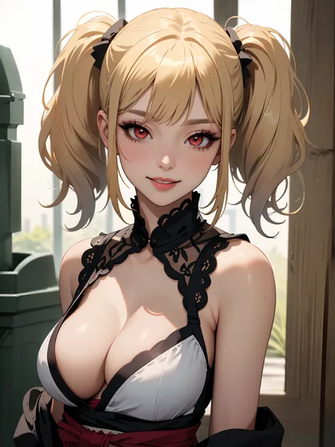 ((masterpiece, high quality, best quality, highly detailed, absurdres)), 1girl, (eyeshadow, eyelashes, eyeliner, glossy lips, full lips), (twintails:1.2), blonde hair, red eyes, smiling, upper body, cleavage, large breasts, hairy armpit, old abandoned tomb...