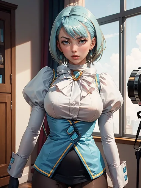 8k, ray tracing, vibrant colors, (aafranziska, light blue hair:1.5), ascot, puffy sleeves, pencil skirt, pantyhose, black gloves, jewelry, earrings, slim figure, masterpiece, sharp focus, Best Quality, depth of field, cinematic lighting, very detailed clot...